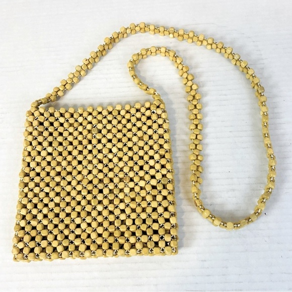 Natural Wood Beaded Crossbody Boho Bag 7.5” x 7.5” x 1” - Picture 1 of 6